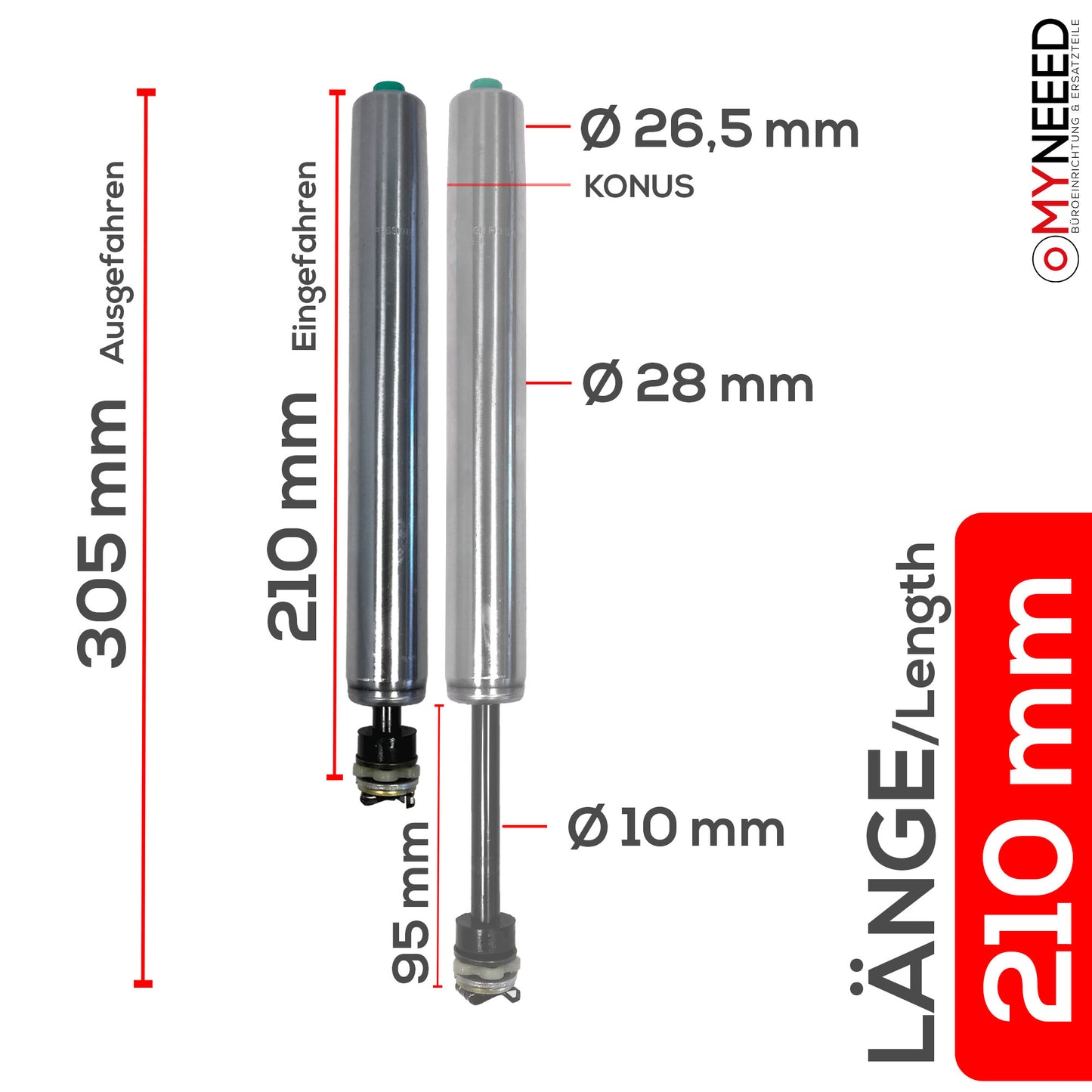 Molla a gas per sedia da ufficio "Compact" - lunghezza 210 mm