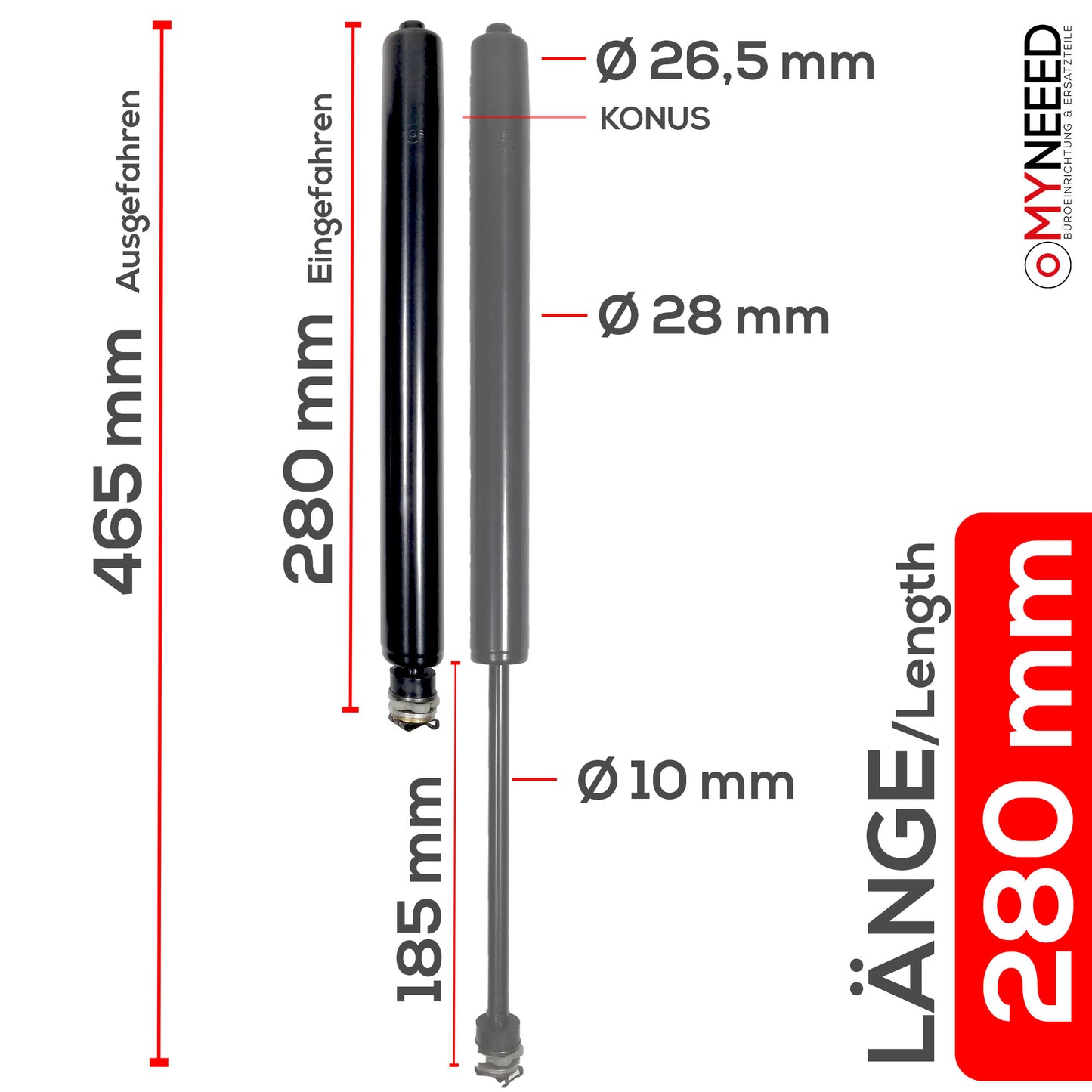 Gasfeder für Bürostuhl "Kompakt" - Länge 280mm