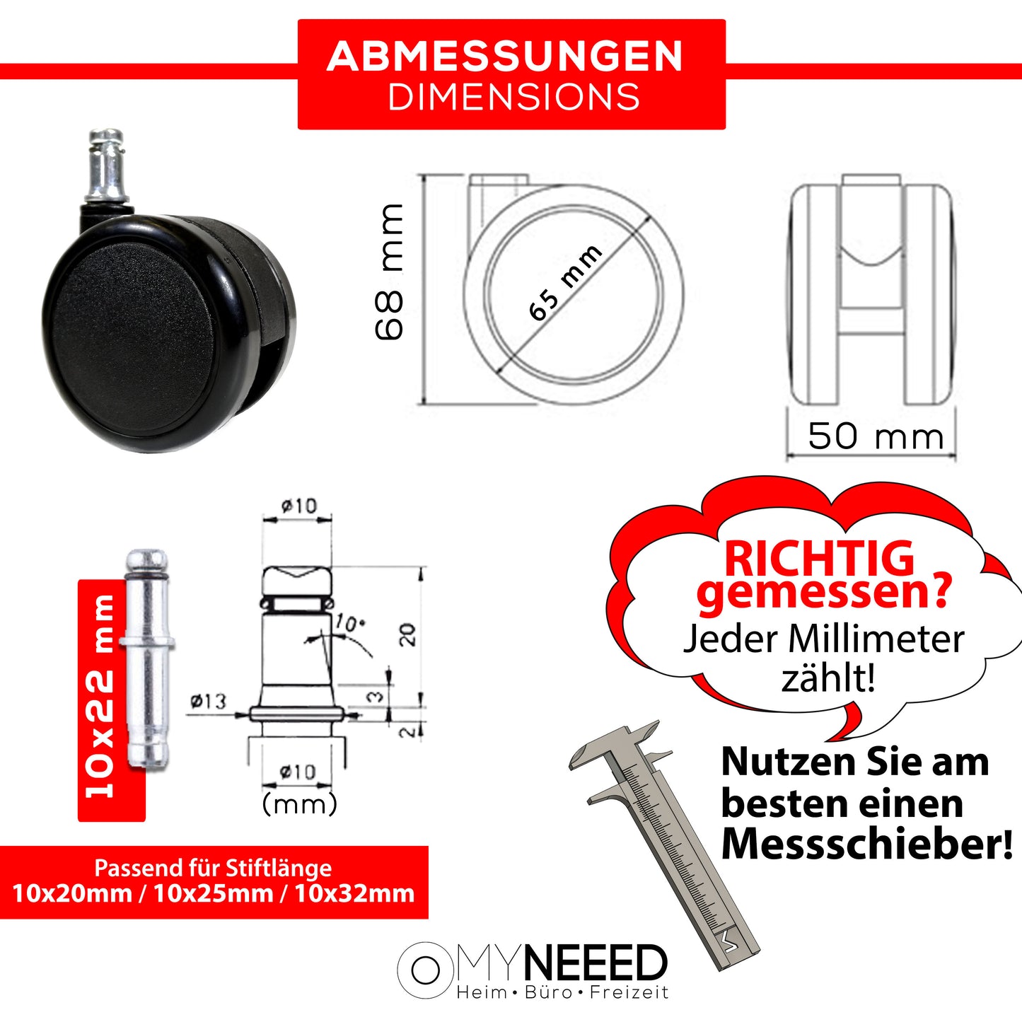 Premium Bürostuhl Weichbodenrollen, Sicherheitsdoppelrollen Ø65mm