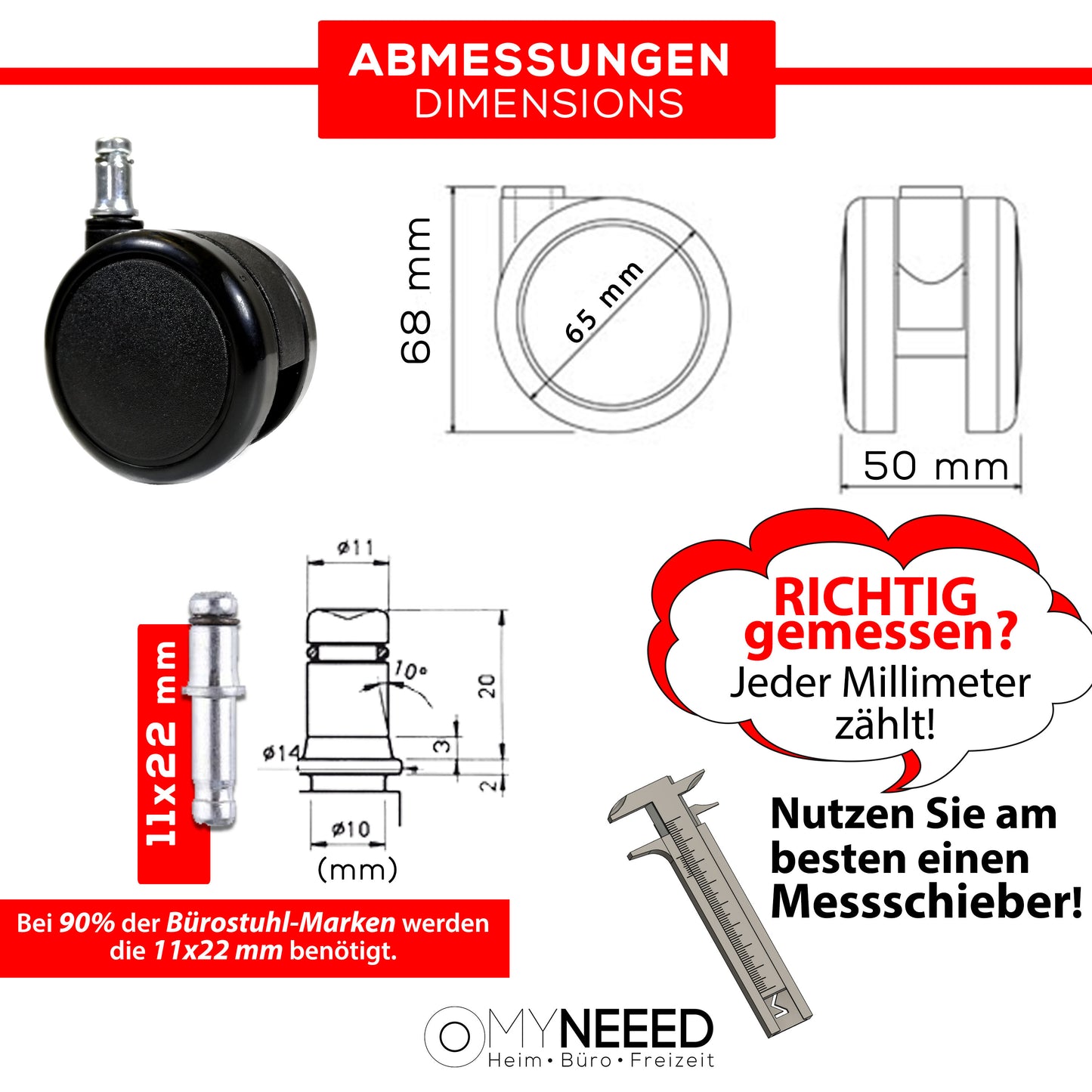 Premium Bürostuhl Weichbodenrollen, Sicherheitsdoppelrollen Ø65mm