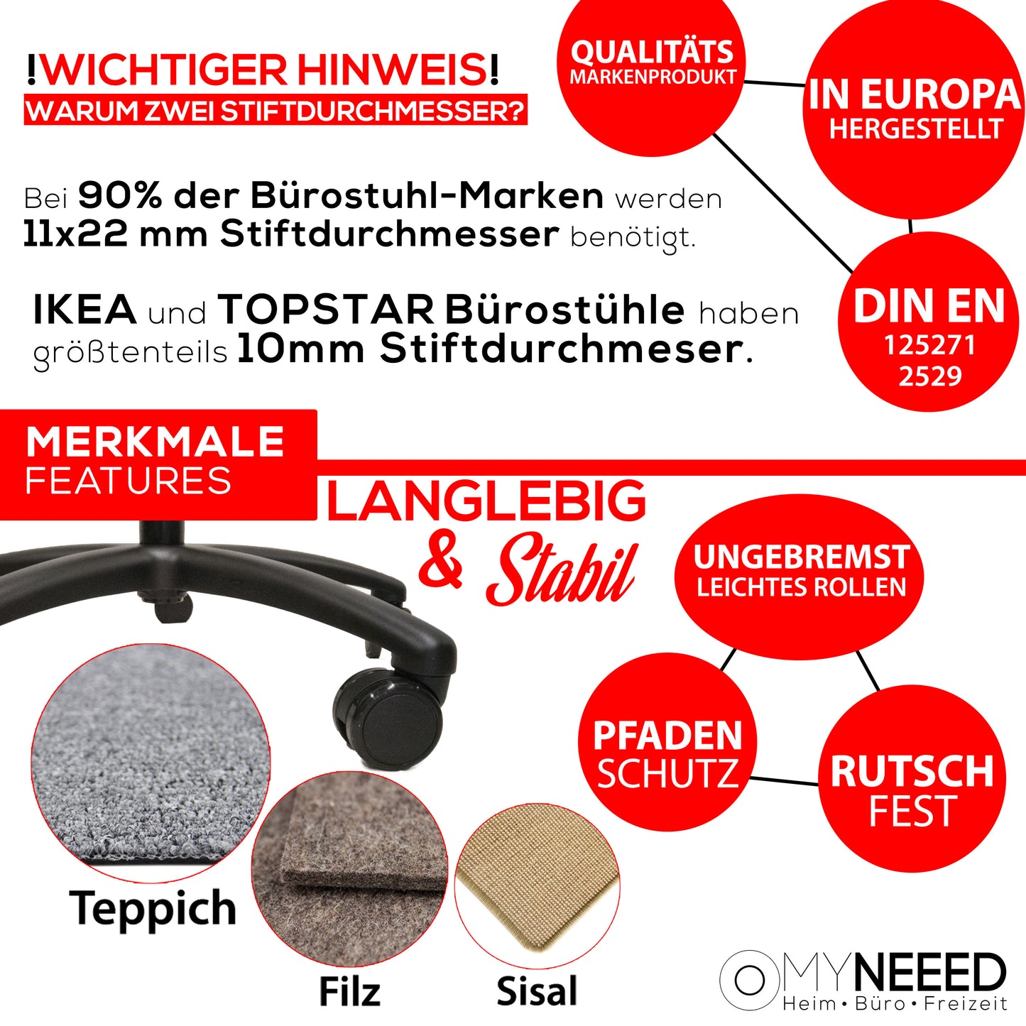 Premium Bürostuhl Weichbodenrollen, Sicherheitsdoppelrollen Ø65mm