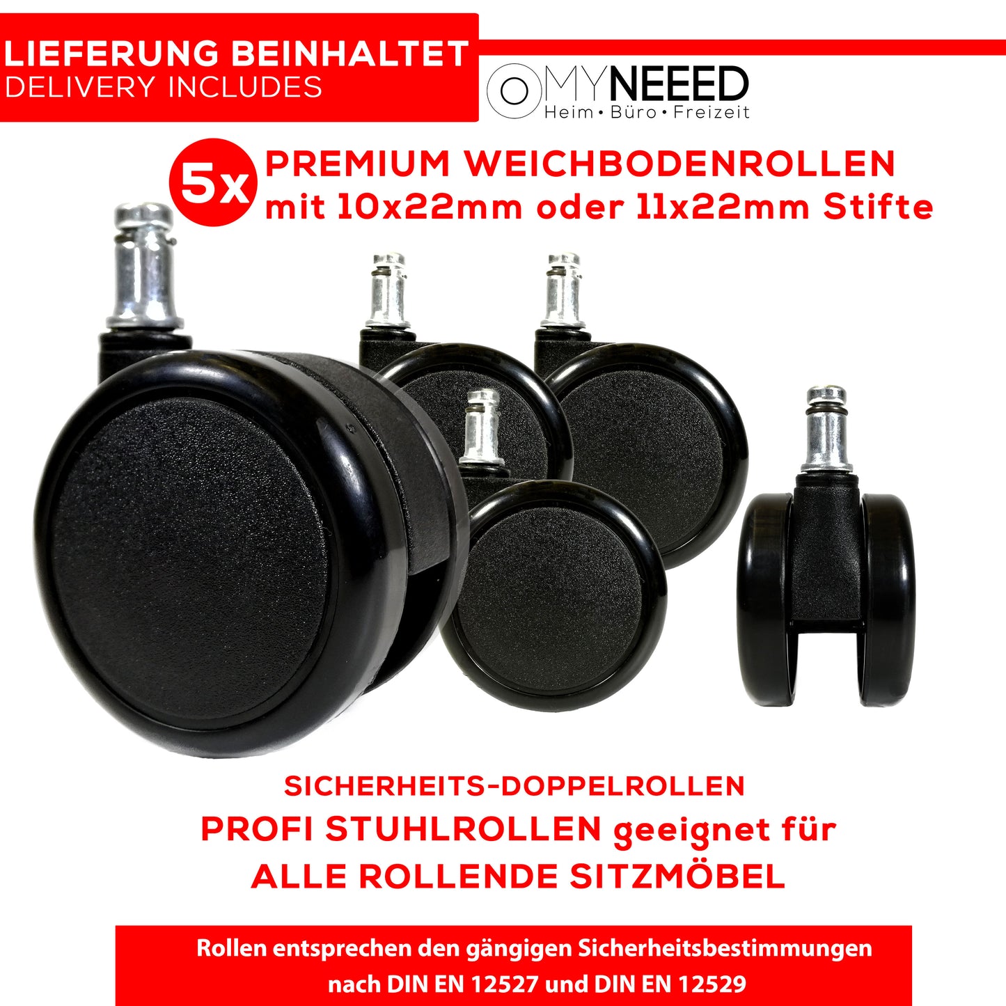 Premium Bürostuhl Weichbodenrollen, Sicherheitsdoppelrollen Ø65mm