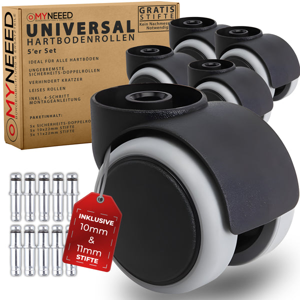 Universal Bürostuhl Rollen mit 10mm 11mm Stiften - Hartbodenrollen Set