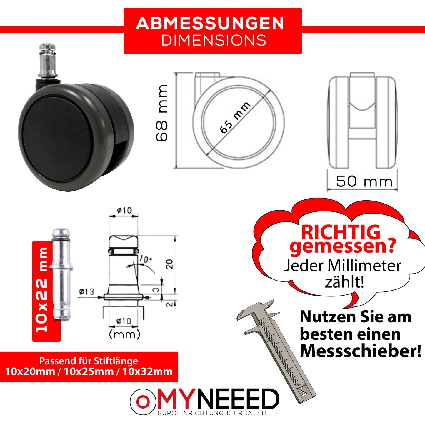 Premium Bürostuhl Hartbodenrollen, Sicherheitsdoppelrollen Ø65mm