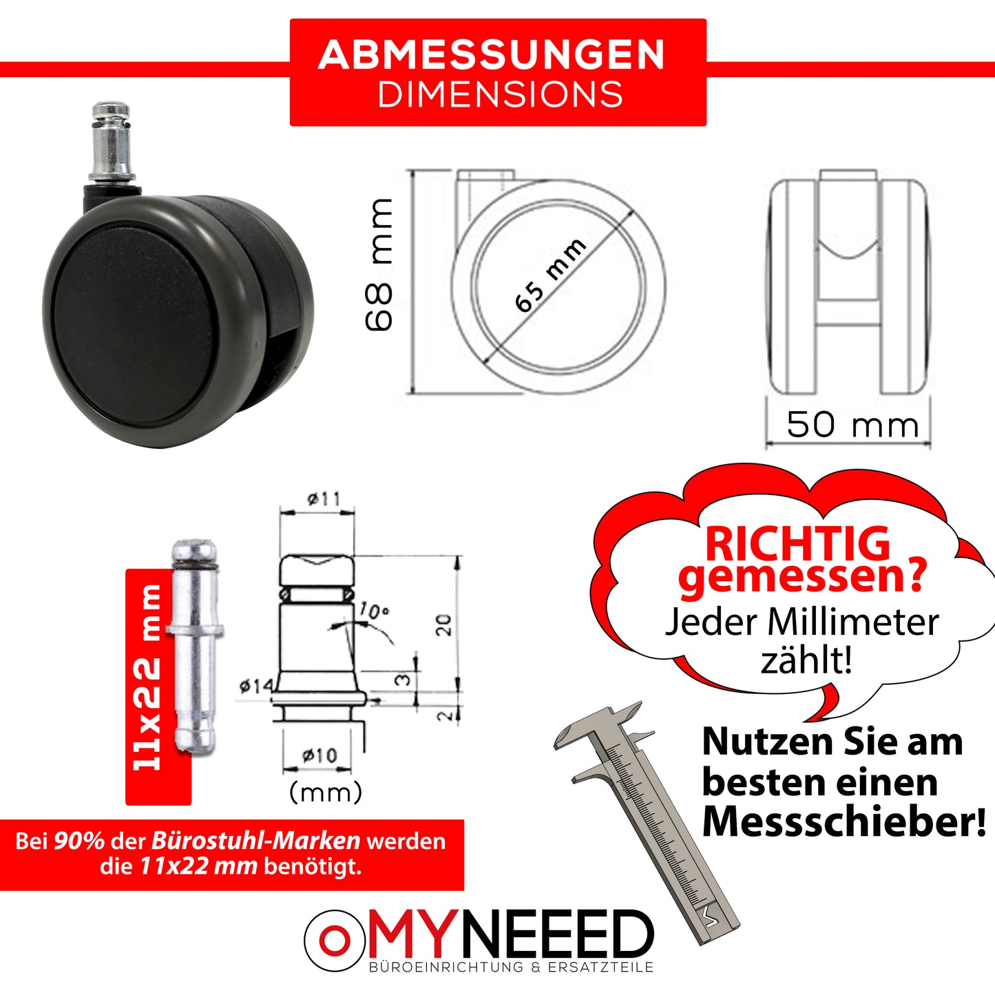 Premium Bürostuhl Hartbodenrollen, Sicherheitsdoppelrollen Ø65mm