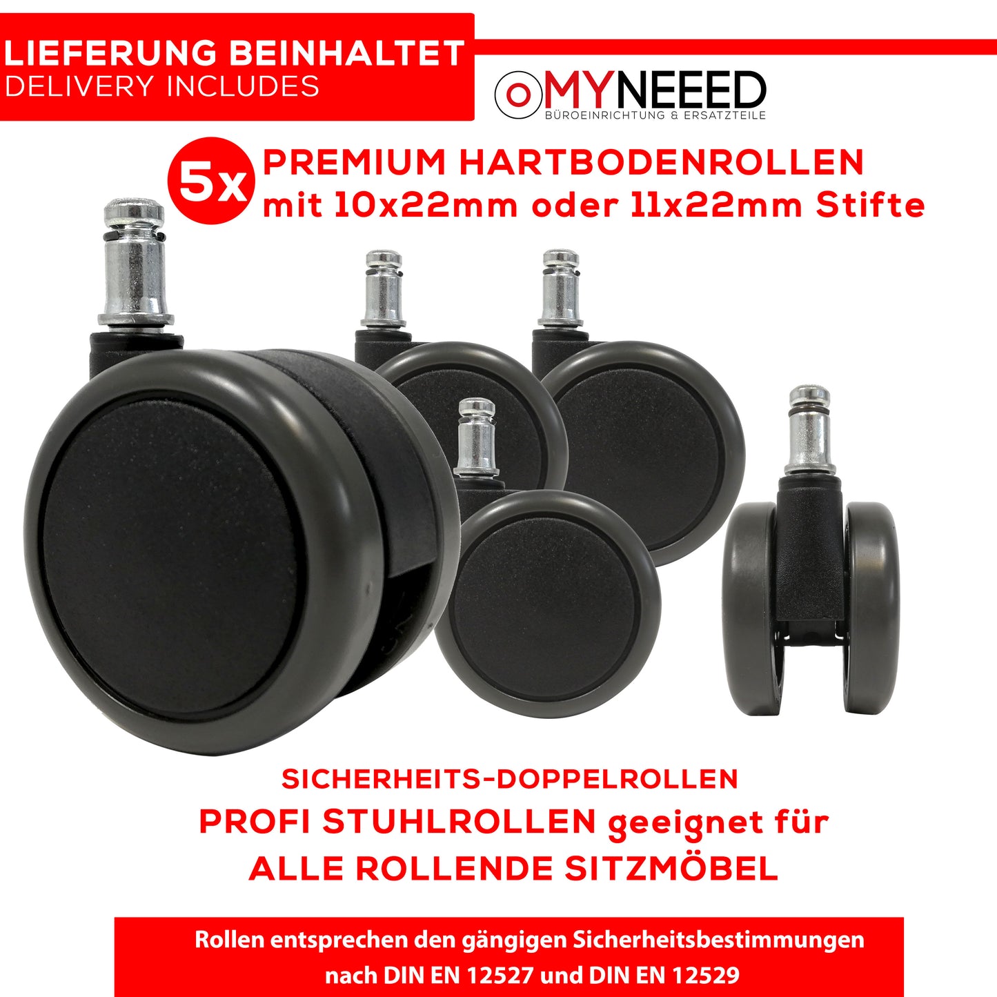 Premium Bürostuhl Hartbodenrollen, Sicherheitsdoppelrollen Ø65mm