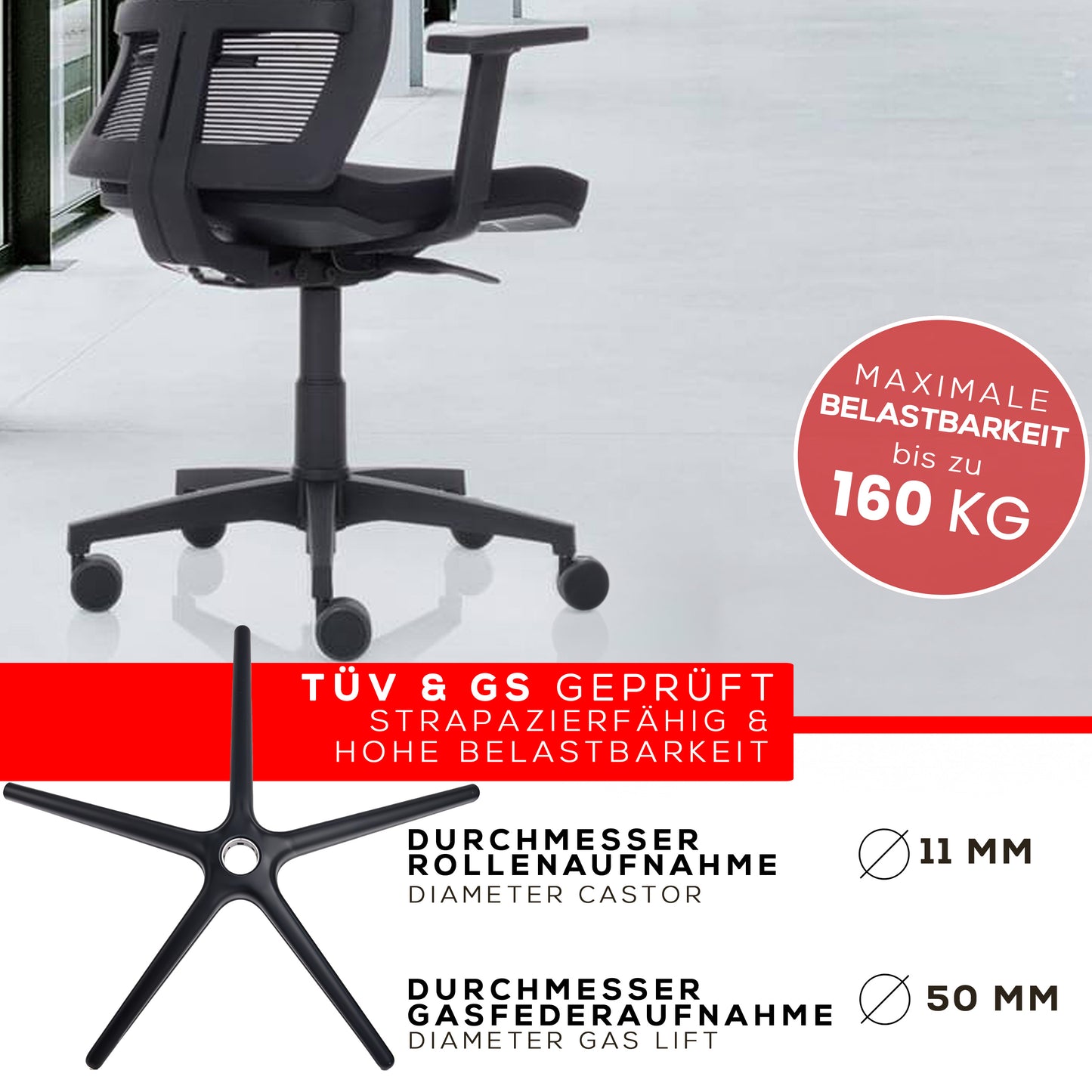 Set di pezzi di ricambio universali per base sedia da ufficio - molla a gas da 185 mm