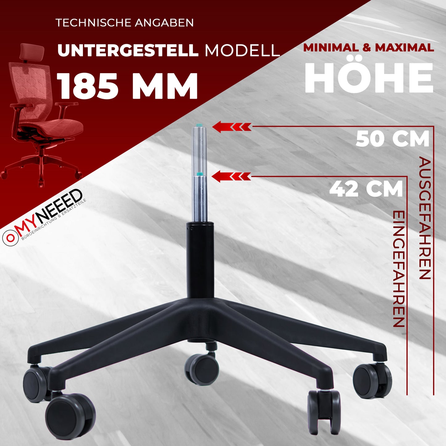 Set di pezzi di ricambio universali per base sedia da ufficio - molla a gas da 185 mm