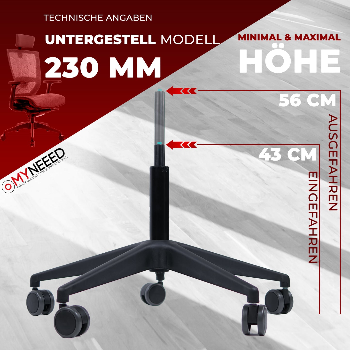 Set di pezzi di ricambio universali per base sedia da ufficio - molla a gas da 230 mm