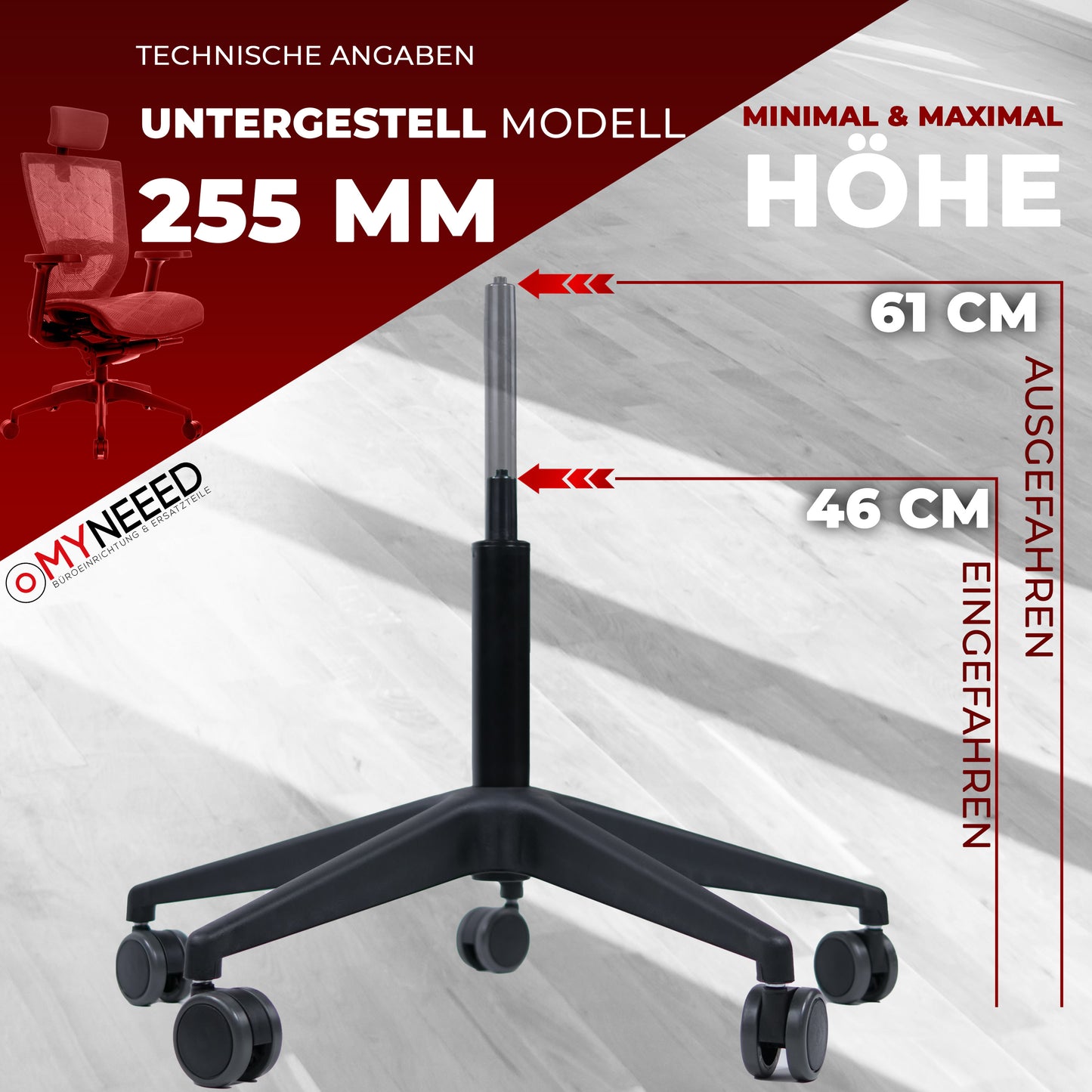 Set di pezzi di ricambio universali per base sedia da ufficio - molla a gas da 255 mm
