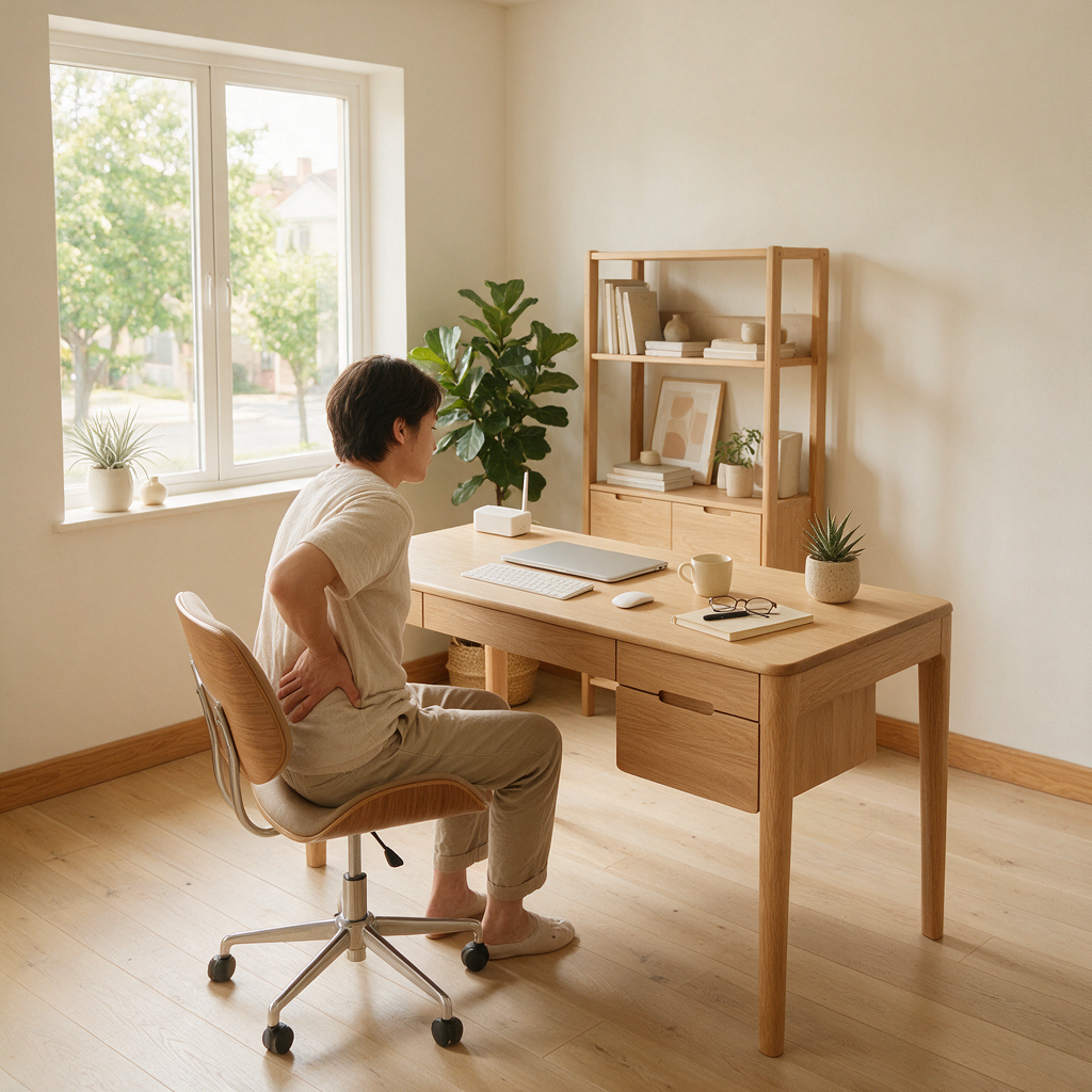 Person mit Rückenschmerzen trotz guter Homeoffice-Ausstattung