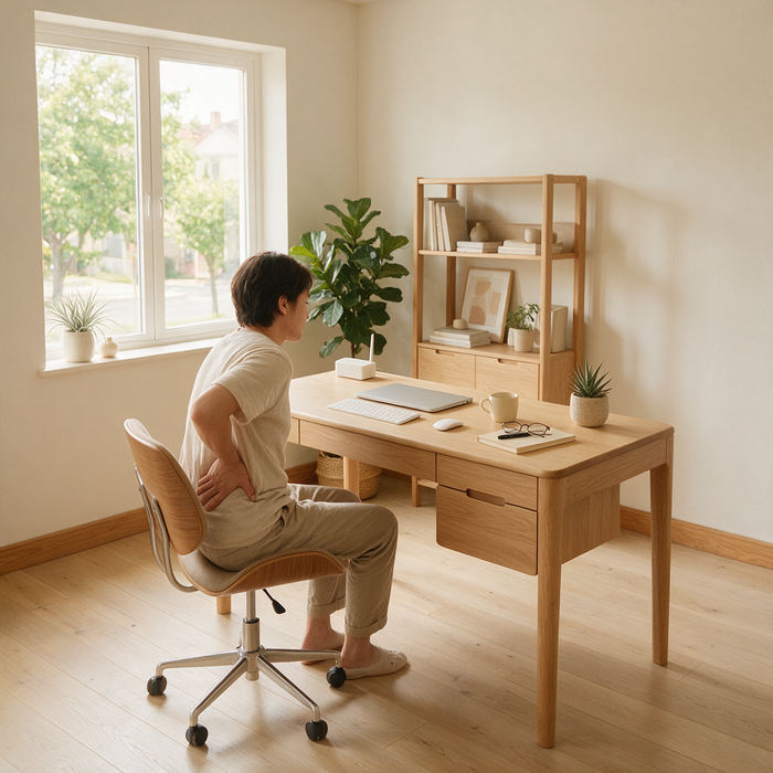 Person mit Rückenschmerzen trotz guter Homeoffice-Ausstattung