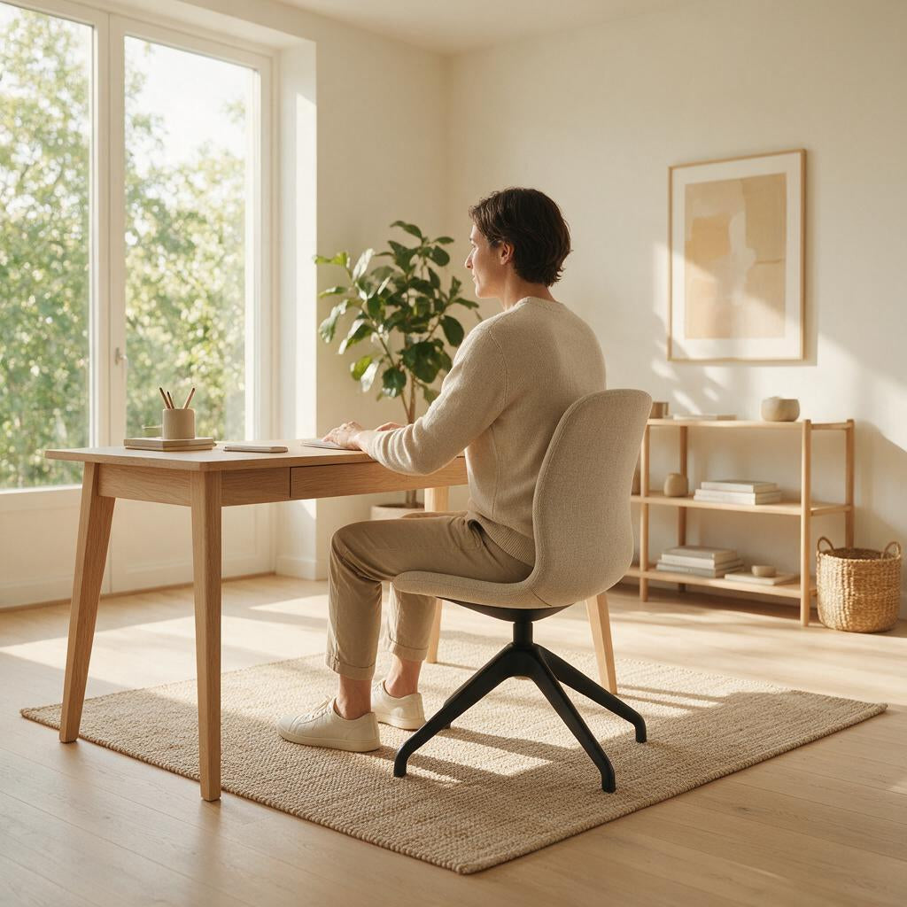 Person sitzt ergonomisch korrekt eingestellt an einem höhenverstellbaren Bürostuhl