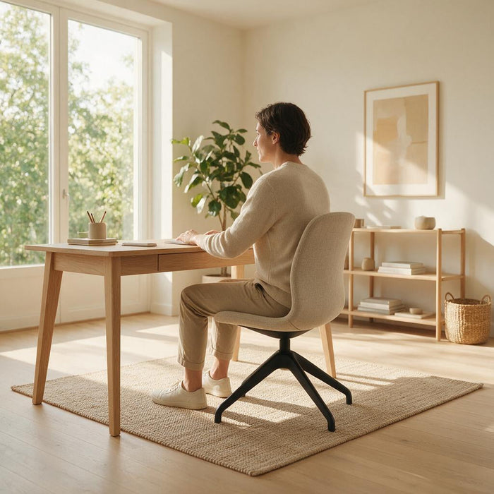 Person sitzt ergonomisch korrekt eingestellt an einem höhenverstellbaren Bürostuhl
