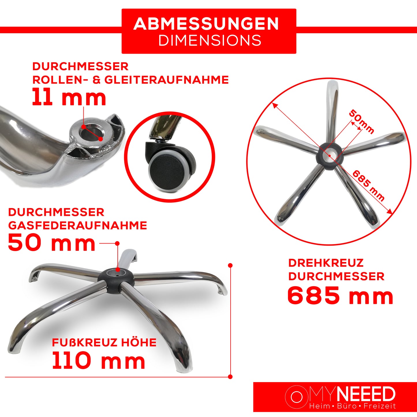 Bürostuhl Fußkreuz aus Stahl in Chrom