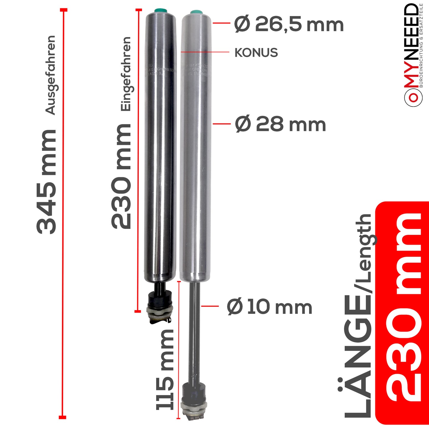 Gasfeder für Bürostuhl "Kompakt" - Länge 230mm