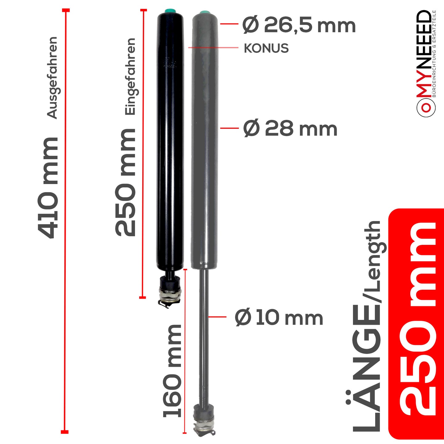 Gasfeder für Bürostuhl "Kompakt" - Länge 250mm