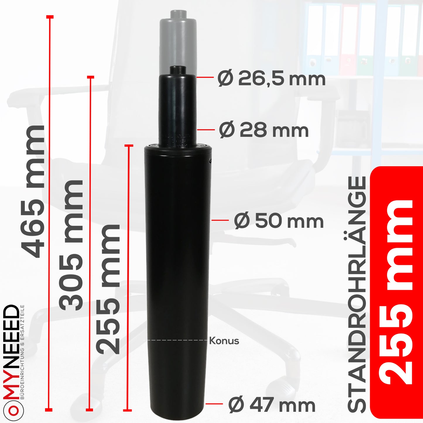 Gasfeder für Bürostuhl - Länge: 255mm